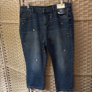 New York & Company Dark Blue Embroidered Cropped Jeans